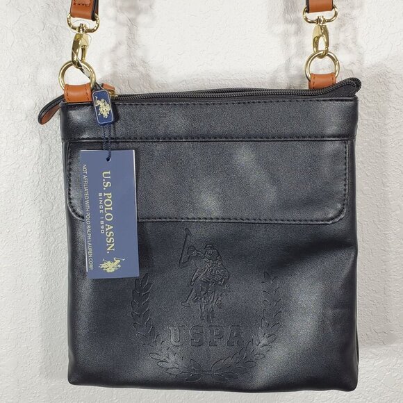 U.S. Polo Assn. Black & Tan Crossbody Bag Purse Embossed Logo & Adjustable Strap - Picture 12 of 12